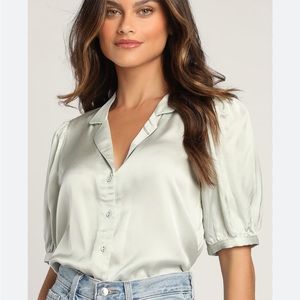 Sweet and Chic Sage Green Satin Button-Up Short Sleeve Top from Lulus